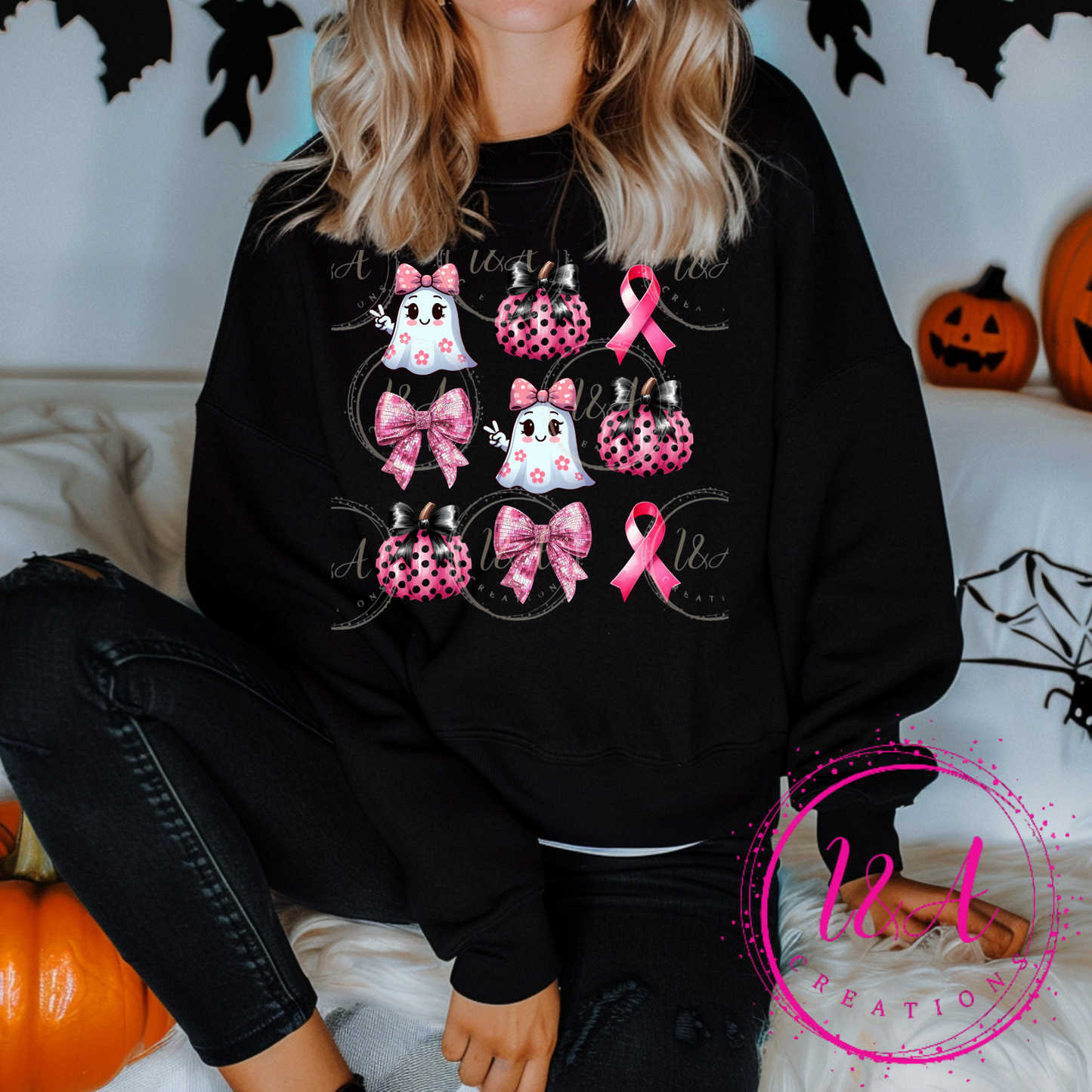 #222B pink bows,ghost and pumpkins