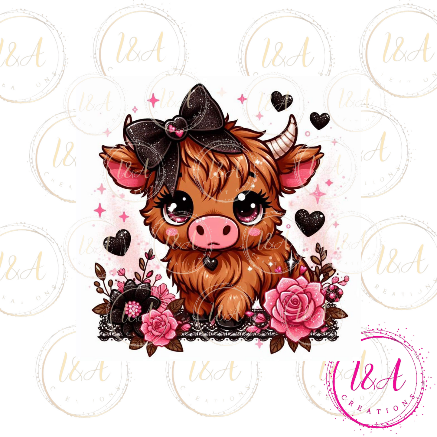 Highland cow with pink and black flowers
