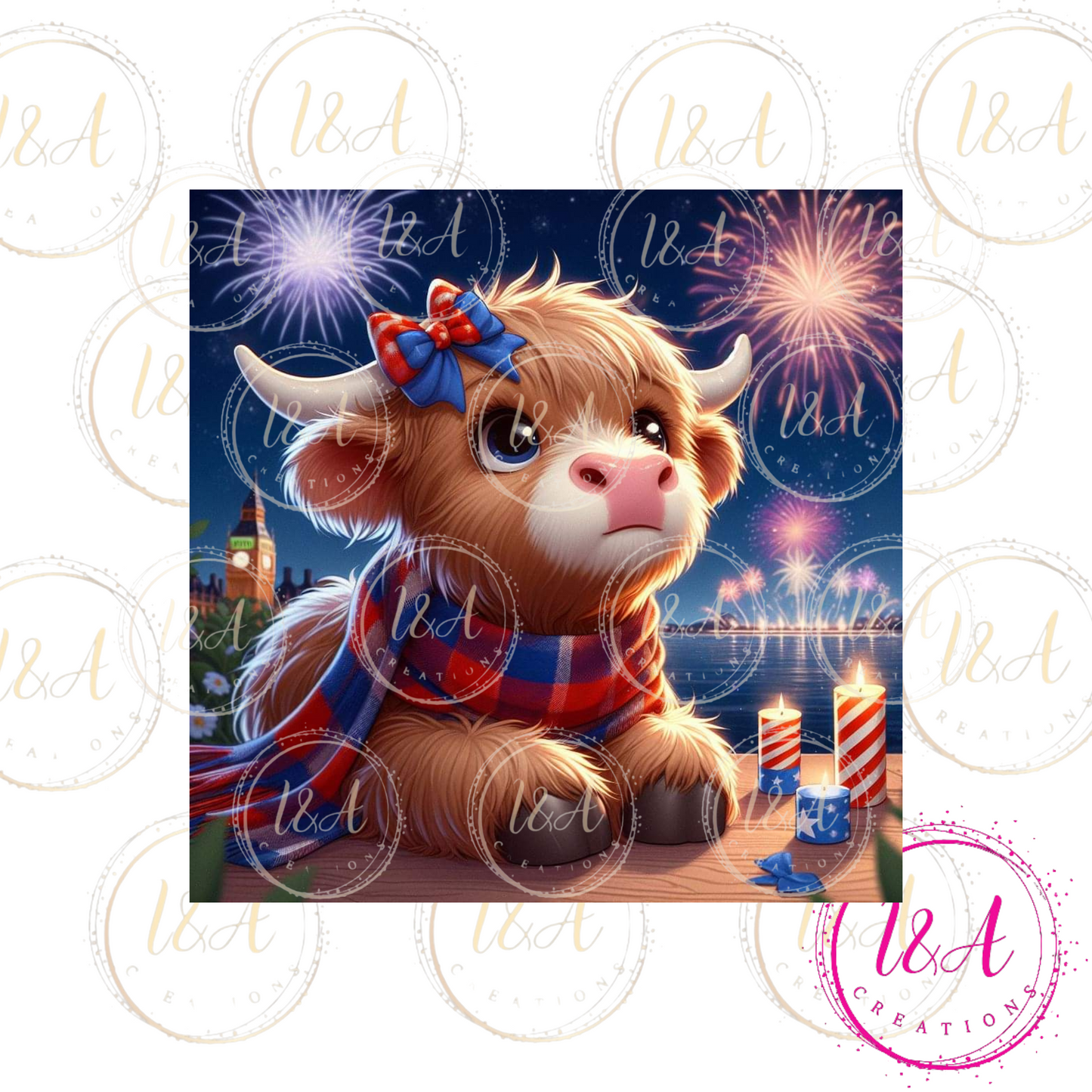 Highland cow with fireworks 🎆