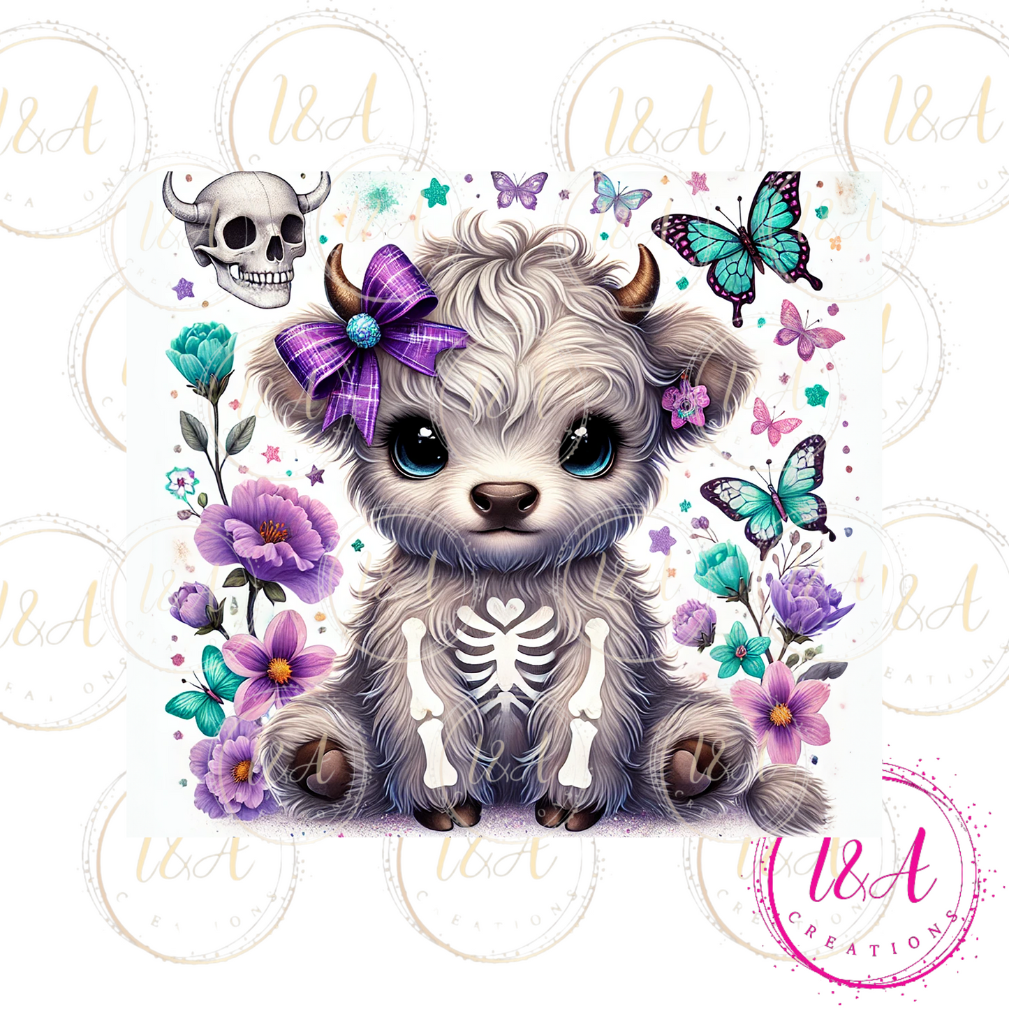 Highland cow with purple bow