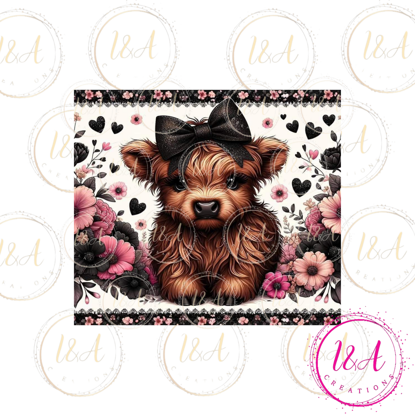 Highland cow with black bow