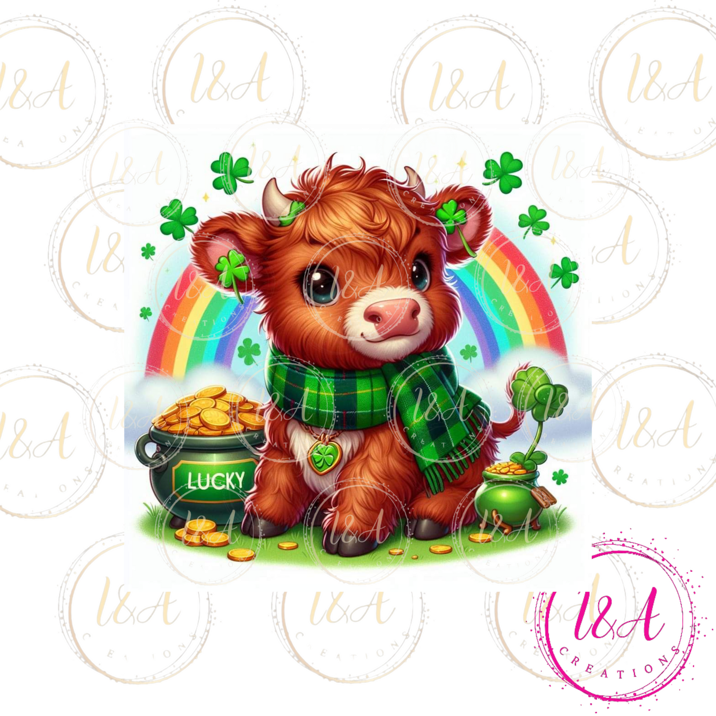 Highland cow with green scarf