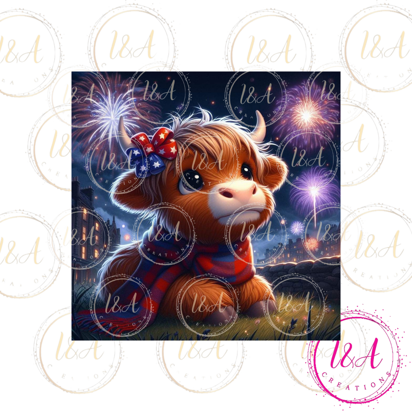 Highland cow with red and blue bow
