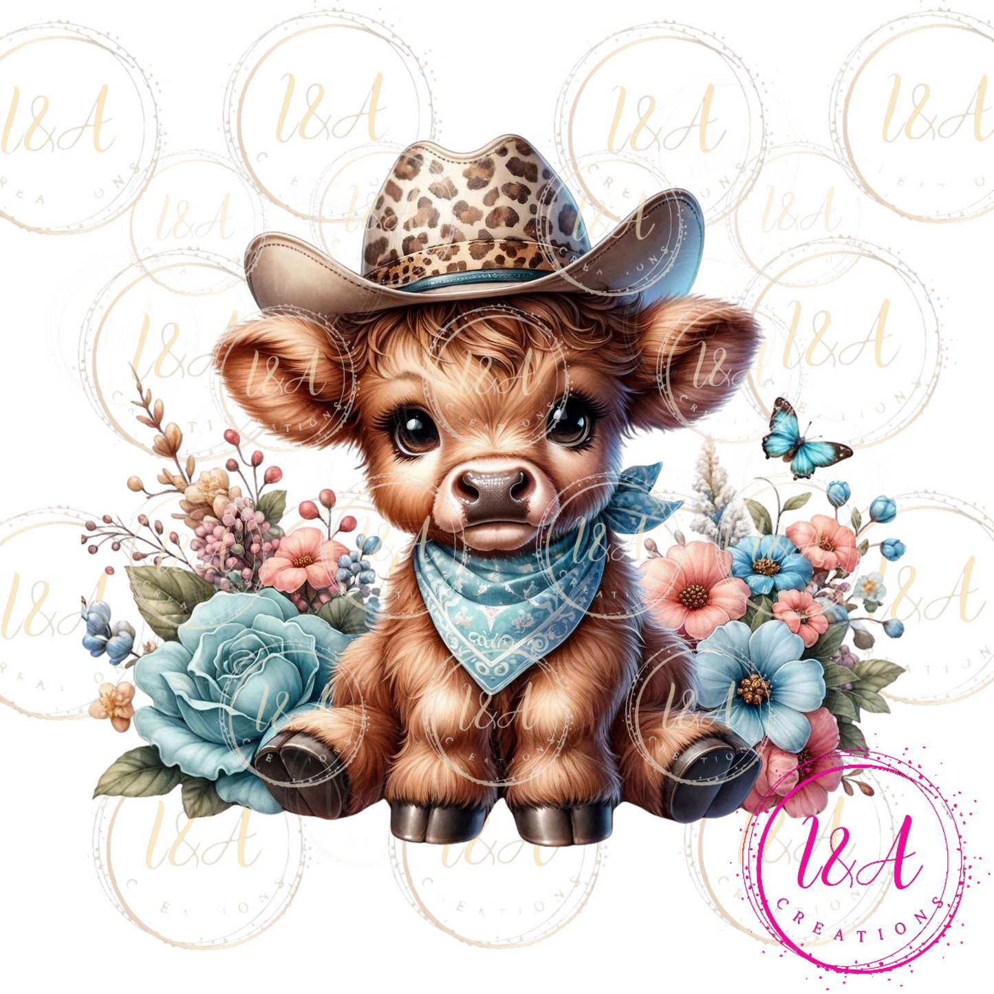 #548 Highland cow blue flowers