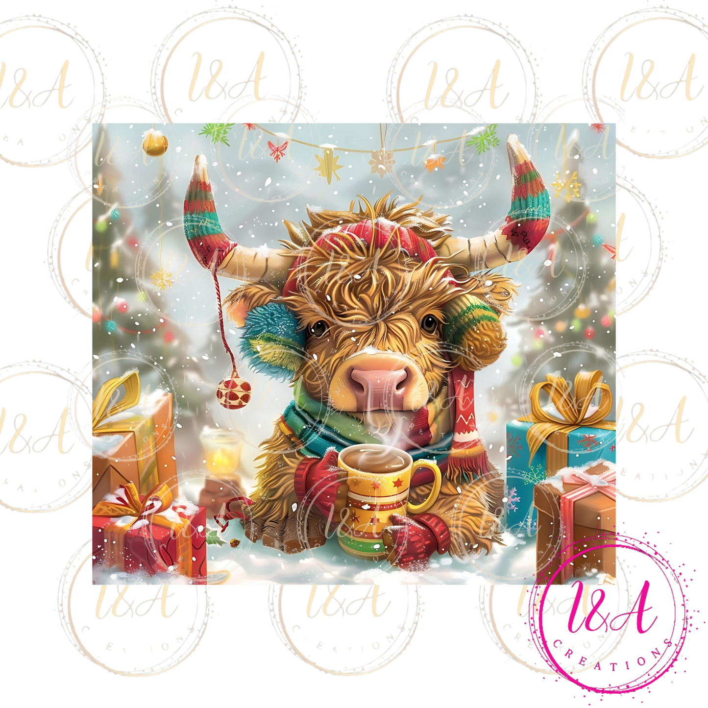 Highland cow drinking coffee