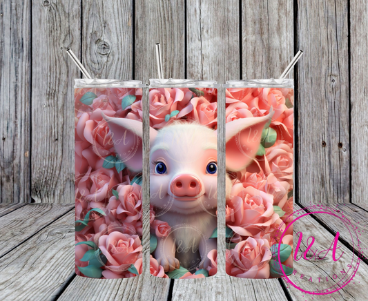 Cute pig with pink roses