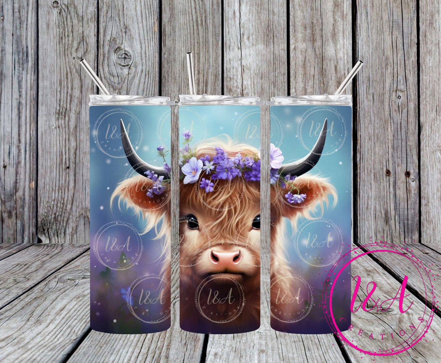 Highland cow with purple flowers