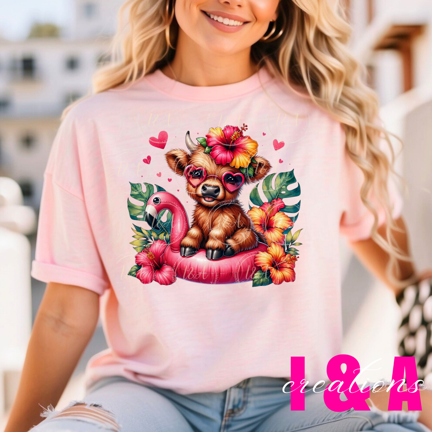 #543 Highland cow on a pink inflatable