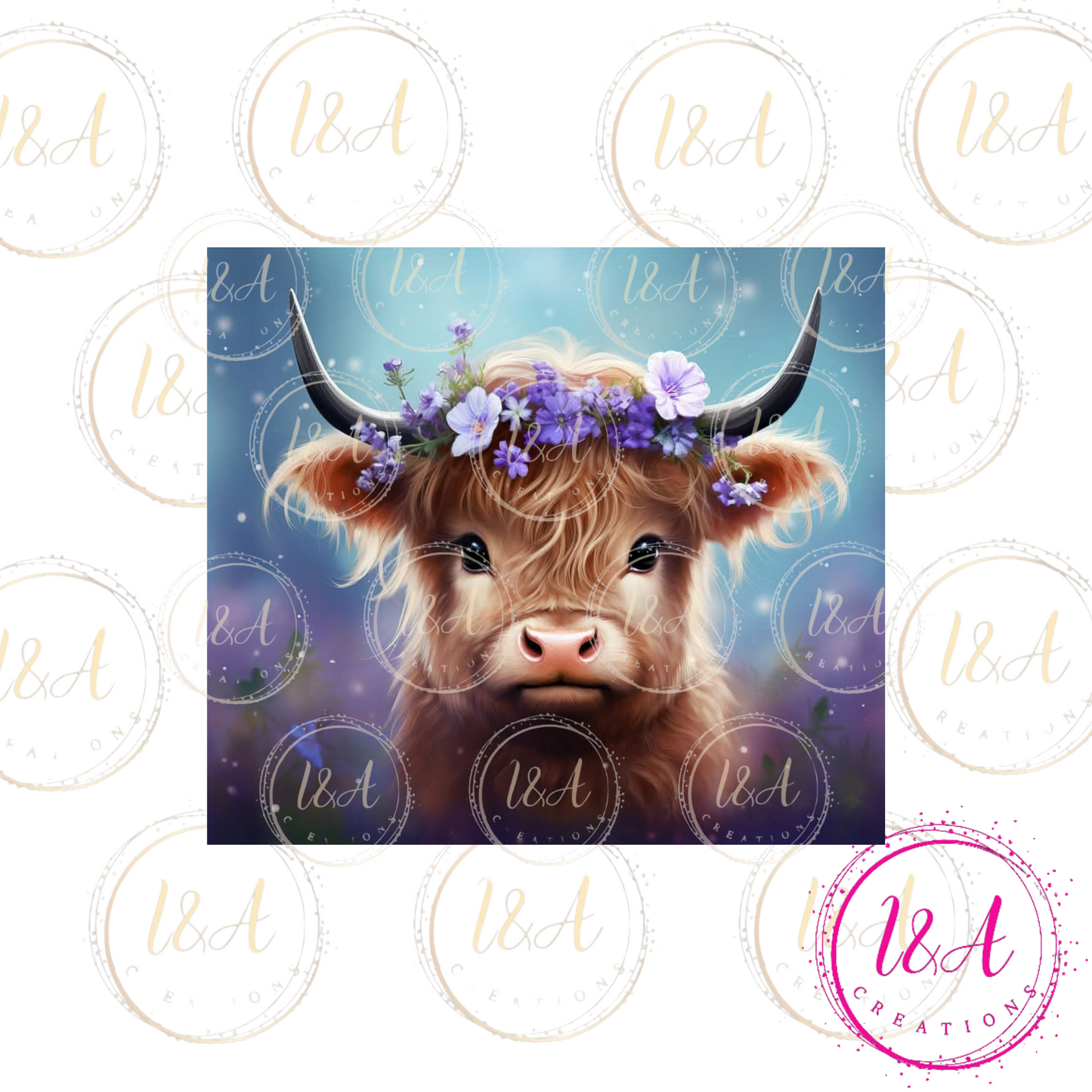 Highland cow with purple flowers
