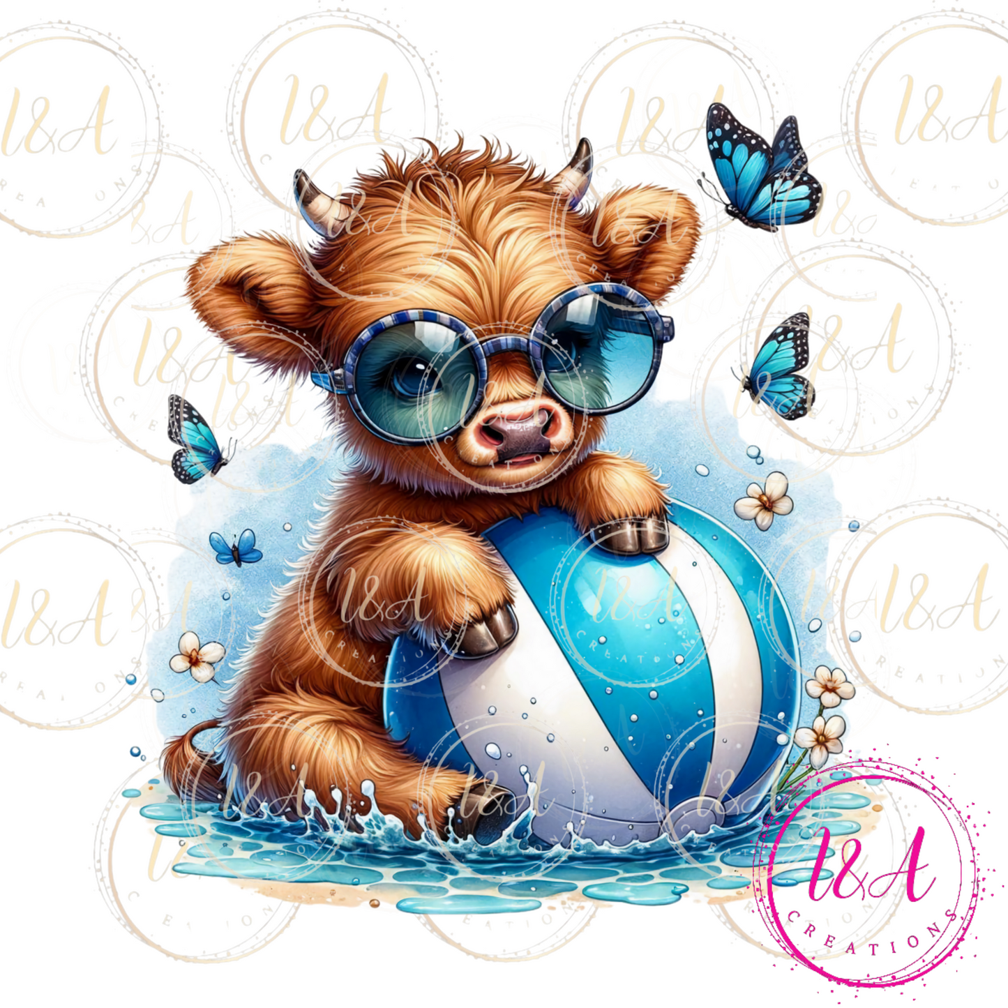 #535 highland cow with blue ball