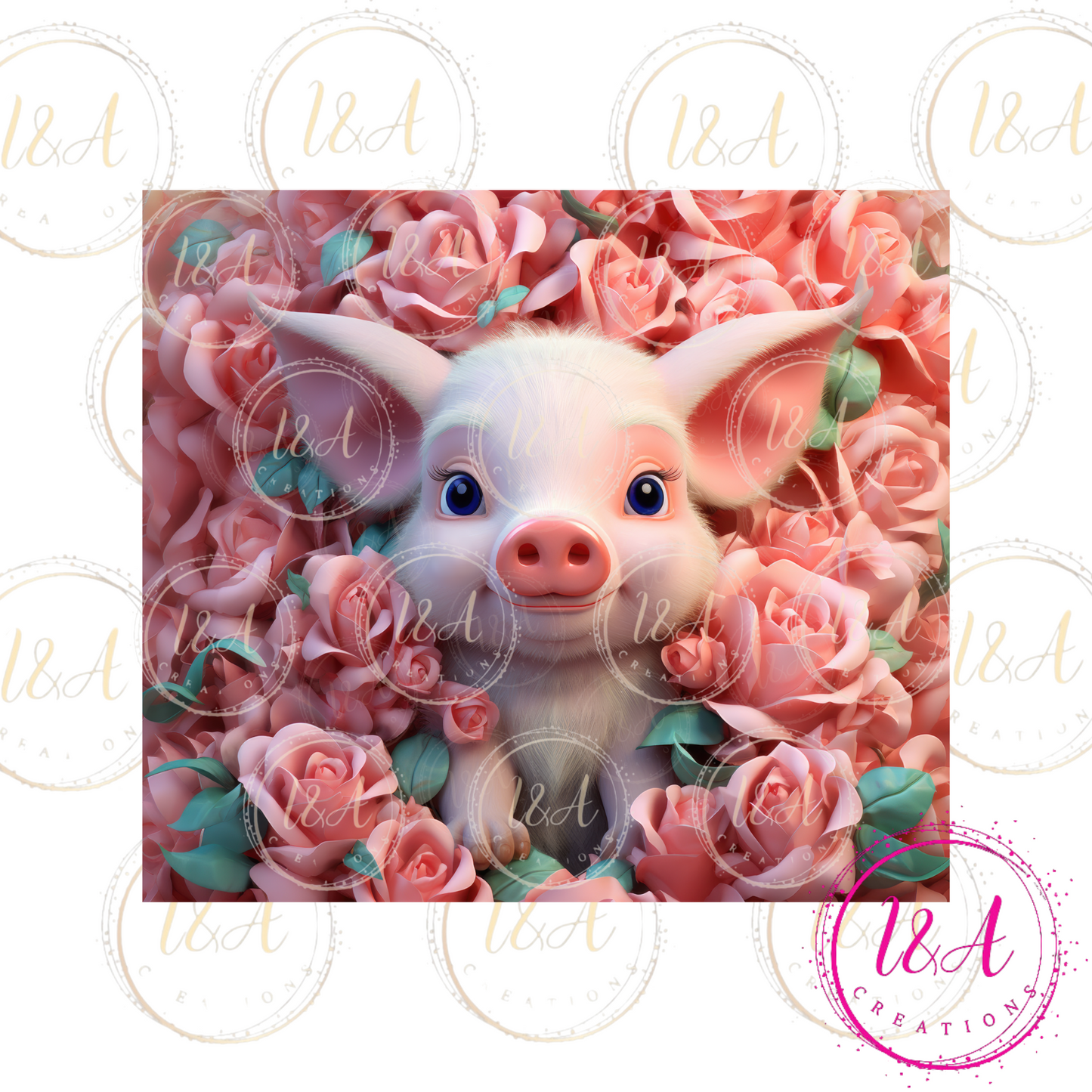 Cute pig with pink roses