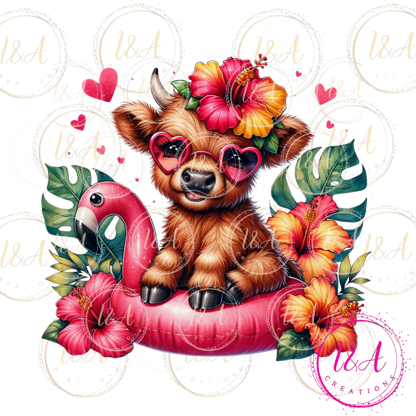 #543 Highland cow on a pink inflatable