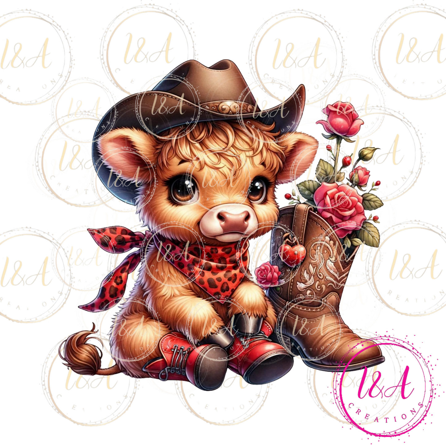 #554 Highland cow with red boots