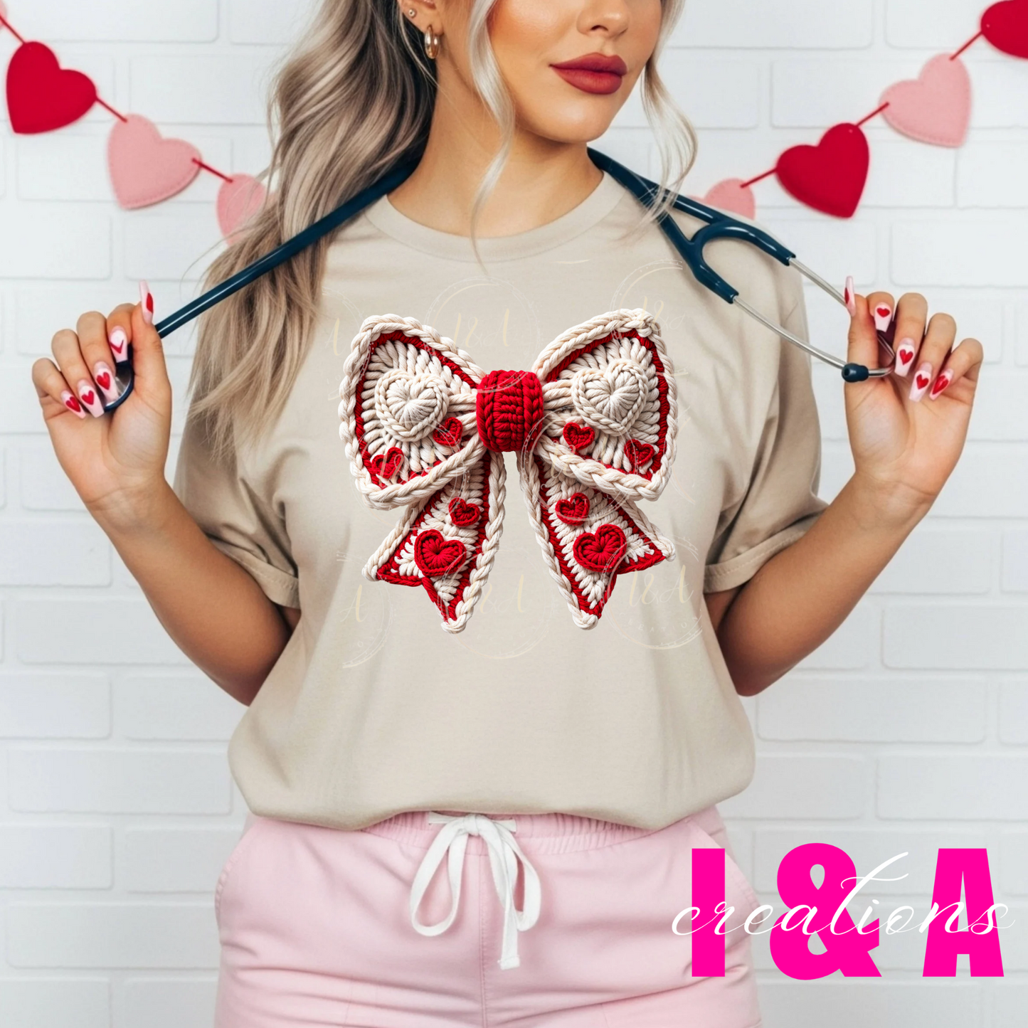 #279c faux chrochet Bow with heart