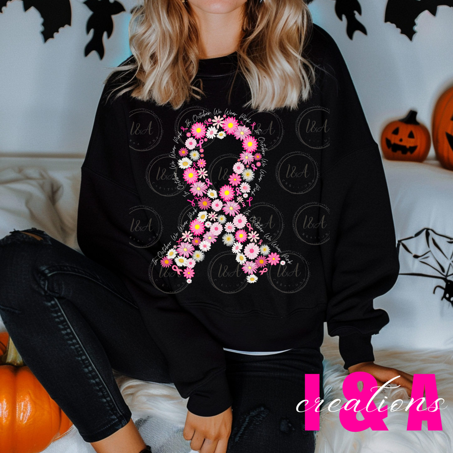 #115C Breast Cancer pink ribbon floral